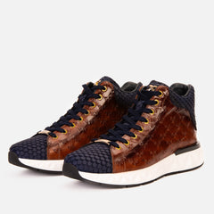 The Caesars Brown Navy Leather High-Top Sneaker Fine Craftsmanship