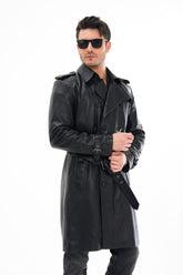 The Firenze Black Leather Leather Trench Coat Jacket On Sale