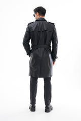 The Firenze Black Leather Leather Trench Coat Jacket On Sale
