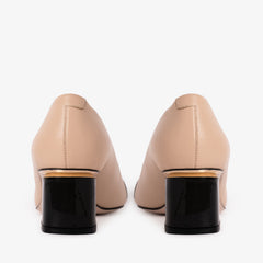 The Diva Beige Leather Cap Toe Block Heel Pump Shoe Fine Craftsmanship