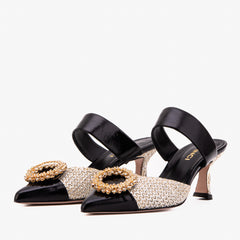 The Valencia Black Cream Jewel Heel Women's Mule Sandal Fine Craftsmanship