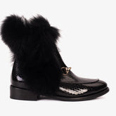 The Izmir Black Patent Leather Natural Fur Mid Calf Boot For Sale