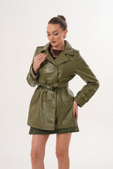 The Caelith Olive Green Leather Trench Jacket Exclusive Style