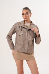 The Ravelyn Taupe Leather Jacket For Sale