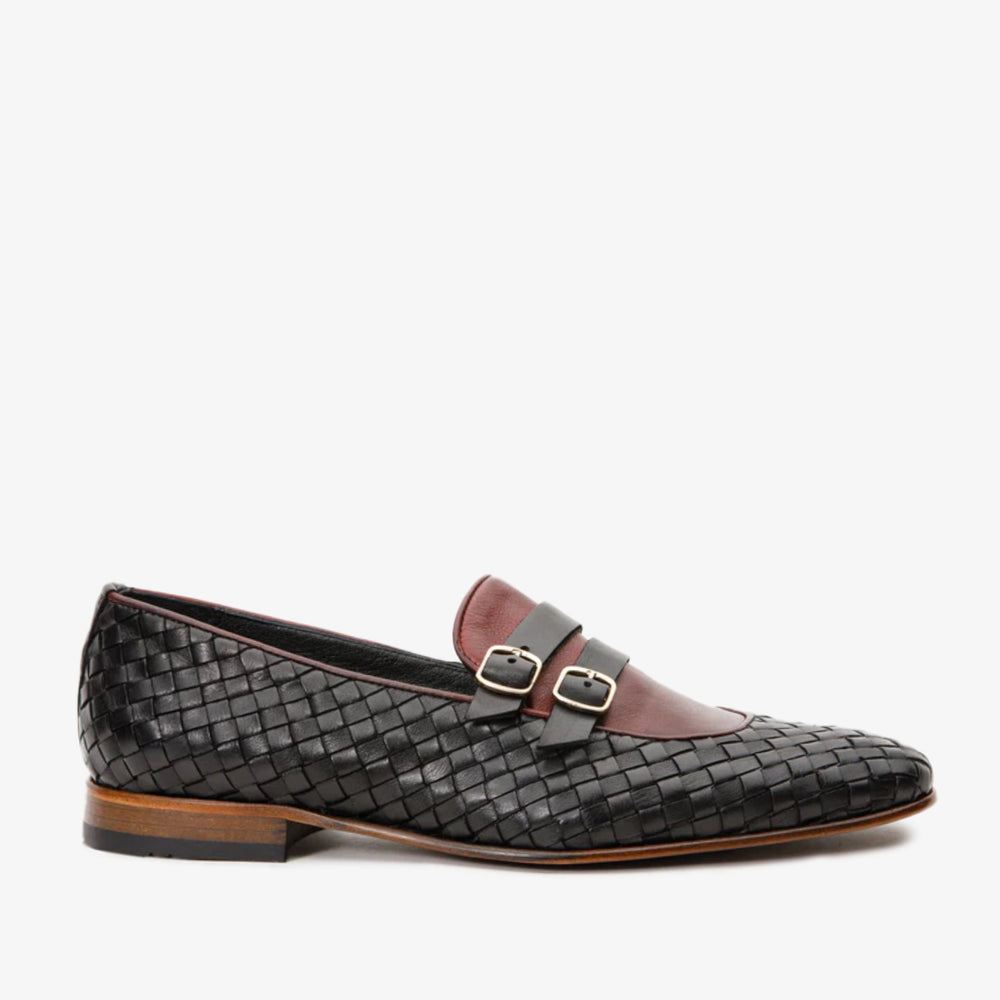 The Vatra Black Burgundy Woven Double Monk Strap Shoe All New