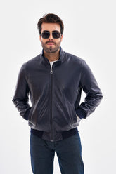 The Ardent Lambskin Leather Jacket – Navy Blue For Sale
