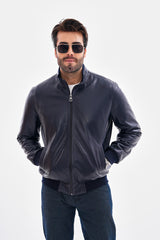 The Ardent Lambskin Leather Jacket – Navy Blue For Sale