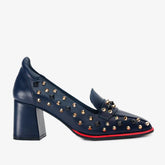 The Infanta Navy Blue Spike Leather Block Heel Pump Shoe Fine Craftsmanship