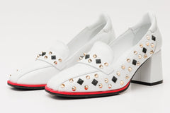 The Infanta White Spike Leather Block Heel Pump Shoe On Sale