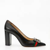 The Afega Black Leather Block Heel Pump Shoe For Sale