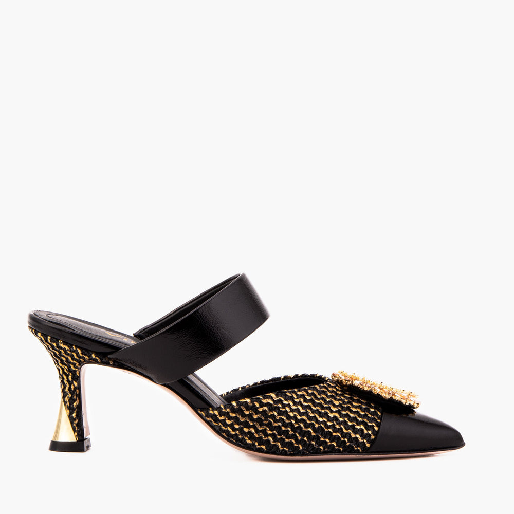 The Valencia Black Gold Jewel Heel Mule Sandal On Sale