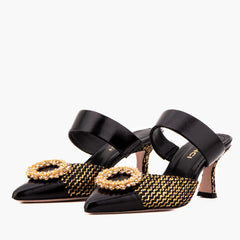 The Valencia Black Gold Jewel Heel Mule Sandal On Sale