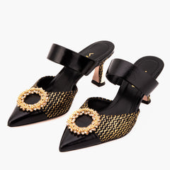 The Valencia Black Gold Jewel Heel Mule Sandal On Sale