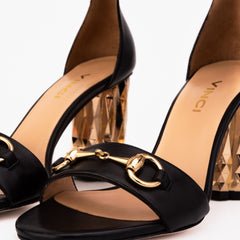 The Avlonya Block Heel Black Leather Ankle Strap Sandal Fine Craftsmanship