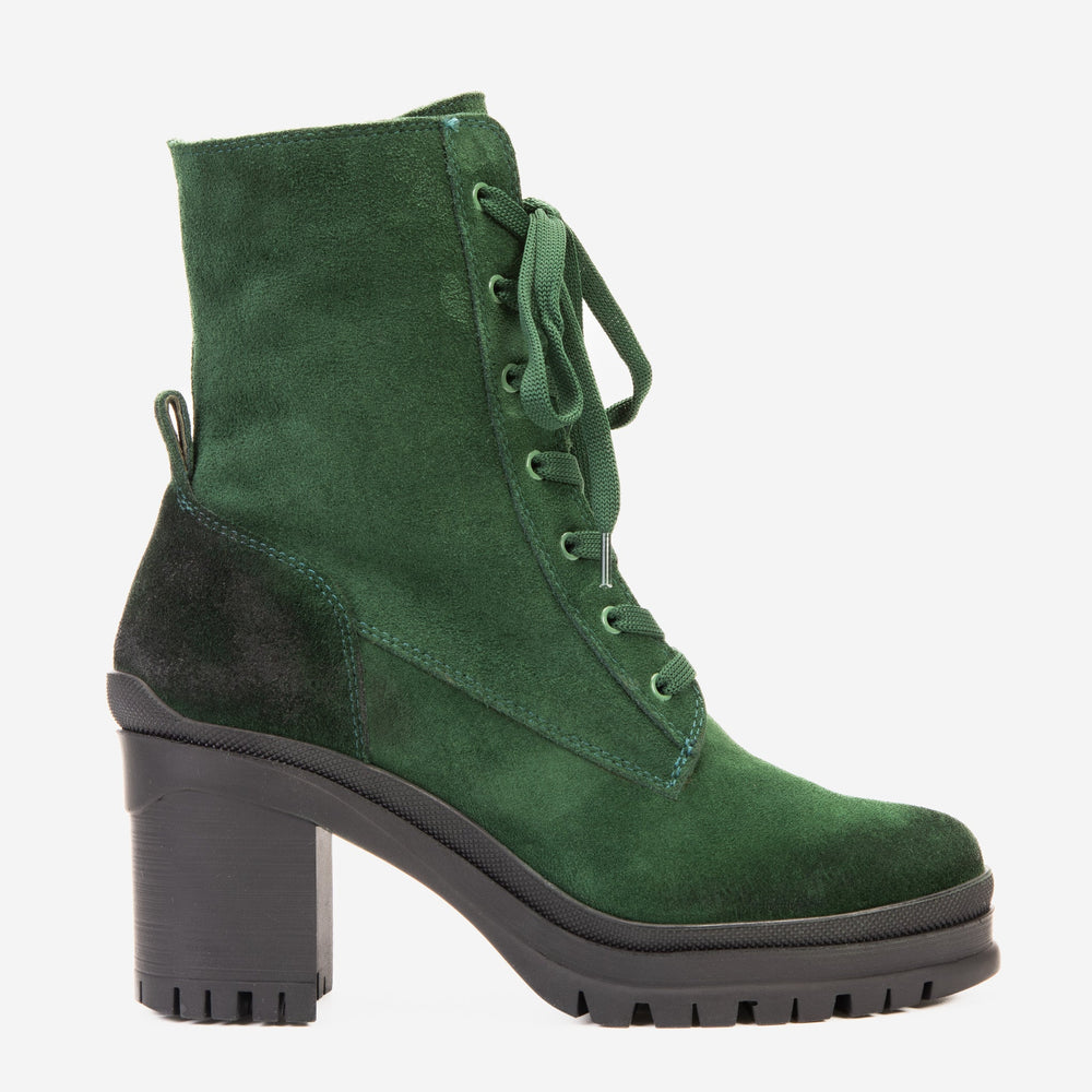 The Elera Green Leather Block Heel Boot For Sale