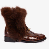 The Izmir Brown Patent Leather Natural Fur Mid Calf Boot All New