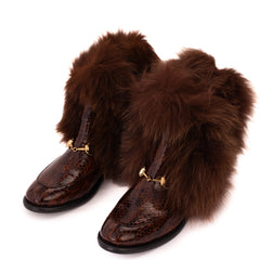 The Izmir Brown Patent Leather Natural Fur Mid Calf Boot All New
