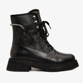 The Arata Black Leather Lace-Up Ankle Boot With a Side Zipper On Sale