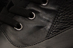 The Arata Black Leather Lace-Up Ankle Boot With a Side Zipper On Sale