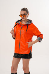 The Nyxara Reversible Hooded Orange Leather Jacket Fine Craftsmanship