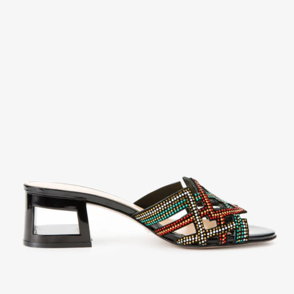 The Palma Black Glitter Leather Block Heel Sandal Universal Fit