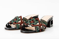 The Palma Black Glitter Leather Block Heel Sandal Universal Fit