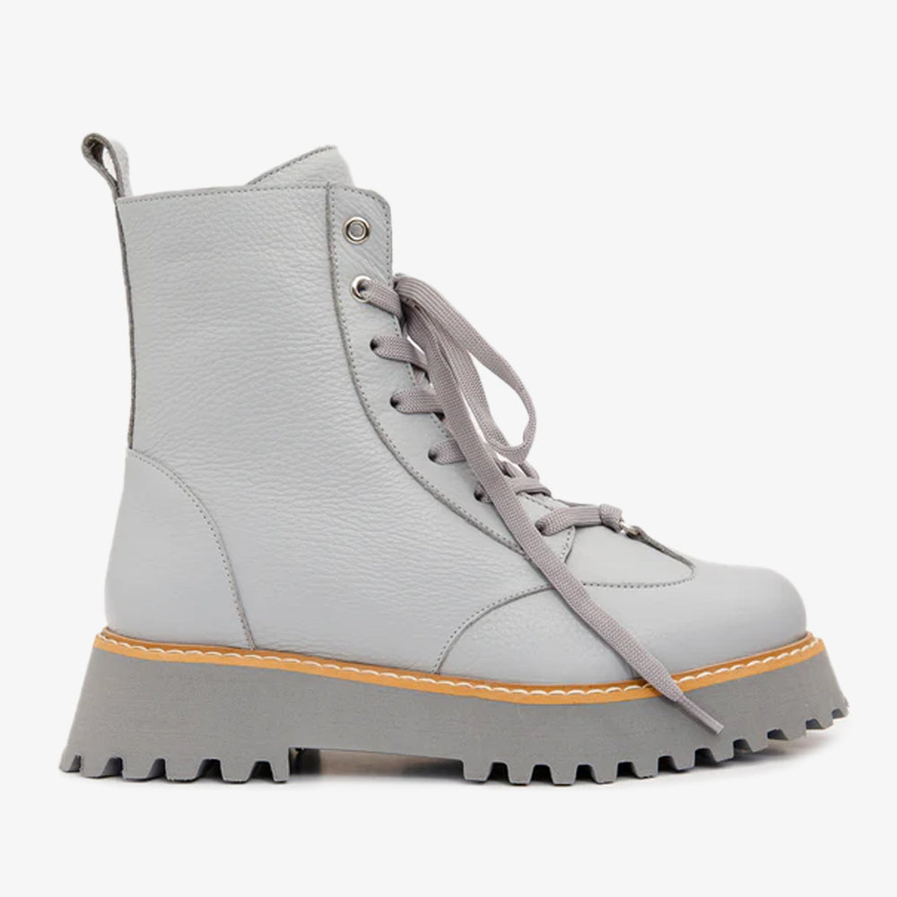 The Yildiz Grey Leather Lace-Up Ankle Boot With a Side Zipper Fine Craftsmanship