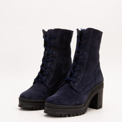 The Elera Navy Blue Leather Block Heel Boot For Sale