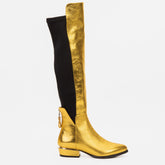 The Fairoks Gold Leather Pointy Toe Knee High Boot On Sale