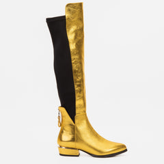 The Fairoks Gold Leather Pointy Toe Knee High Boot On Sale