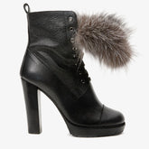 The Melo Black Leather Natural Fur Mid Calf Platform Heel Boot On Sale