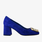 The California Sax Blue Suede Leather Block Heel Pump Shoe On Sale