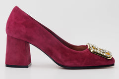 The California Burgundy Suede Leather Block Heel Pump Shoe All New