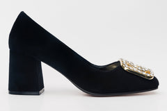 The California Black Suede Leather Block Heel Pump Shoe Fine Craftsmanship