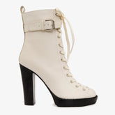 The Estrada Cream Leather Lace-Up Platform Heel Mid Calf Boot On Sale
