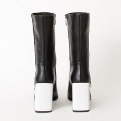 The Loretto Black Leather Block Heel Mid Calf Boot For Sale
