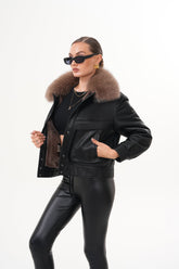 The Auretta Brown Collar Shearling Leather Jacket For Sale