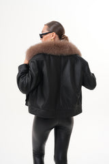 The Auretta Brown Collar Shearling Leather Jacket For Sale