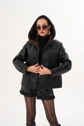 The Arlena Black \u0026amp; Leopard Shearling Leather Jacket Universal Fit