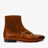 Preston Tan Leather Suede Double Monk Strap Ankle Boot Exclusive Style