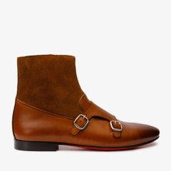 Preston Tan Leather Suede Double Monk Strap Ankle Boot Exclusive Style