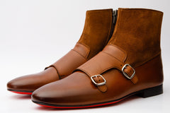 Preston Tan Leather Suede Double Monk Strap Ankle Boot Exclusive Style