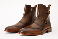 The Rand Brown Leather Double Buckle Brogue Boot with a Zipper All New