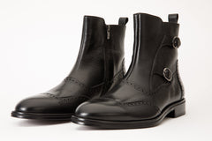 The Rand Black Leather Double Buckle Brogue Boot with a Zipper Universal Fit