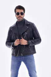 The Volt Textured Navy Blue Leather Jacket For Sale
