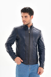 The Arezzo Navy Blue Leather Jacket For Sale