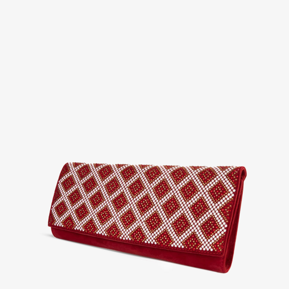 The Nampula Red Glitter Suede Leather Clutch On Sale