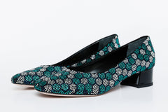 The Doha Turqoise Glitter Leather Block Pump Shoe On Sale