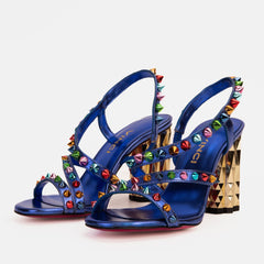 The Caris Sax Blue Block Heel Spike Leather Sandal Final Sale! On Sale