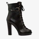 The Estrada Black Leather Lace-Up Platform Heel Mid Calf Boot Fine Craftsmanship